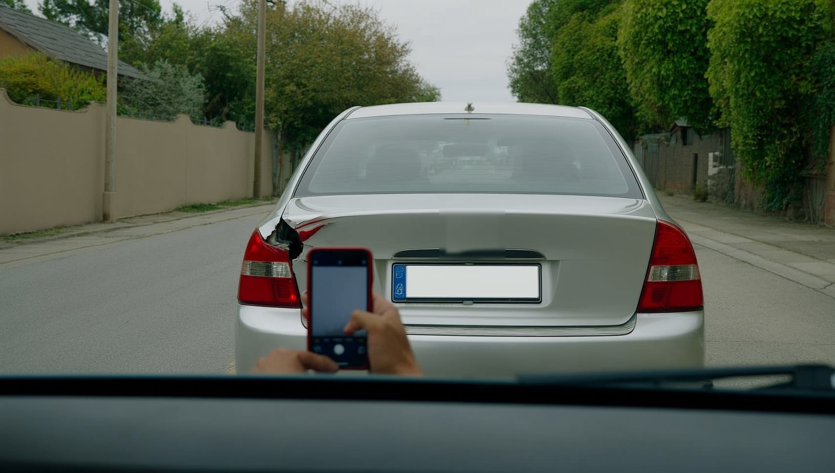 Driver photographing rear bumper damage with a phone right after a minor collision (illustrative image)