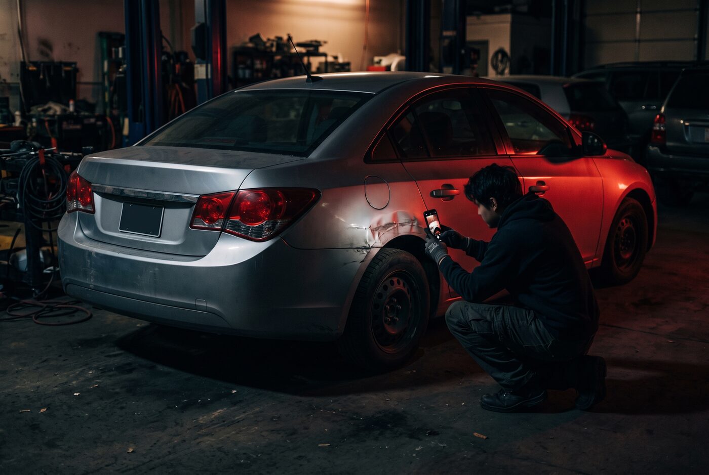Photographing a dented rear quarter panel with a smartphone to document the damage