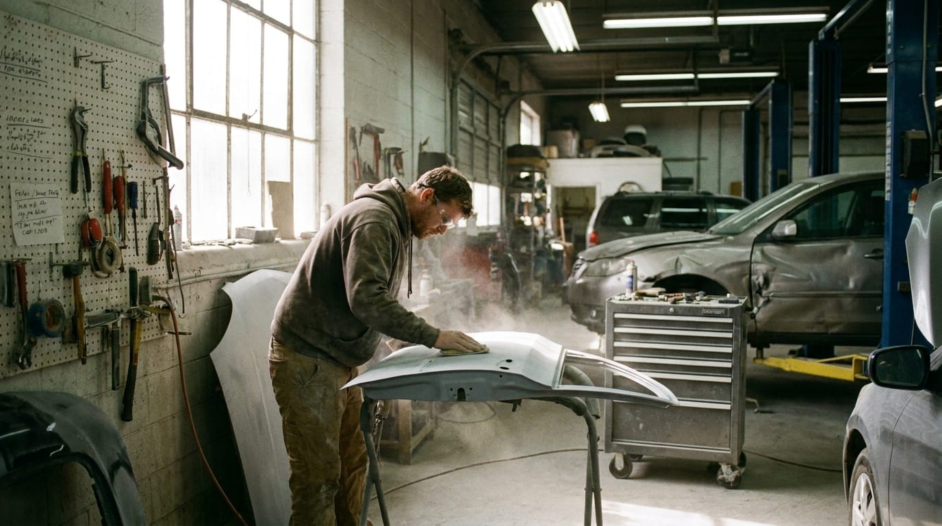 A technician sanding a repaired car body panel in the shop