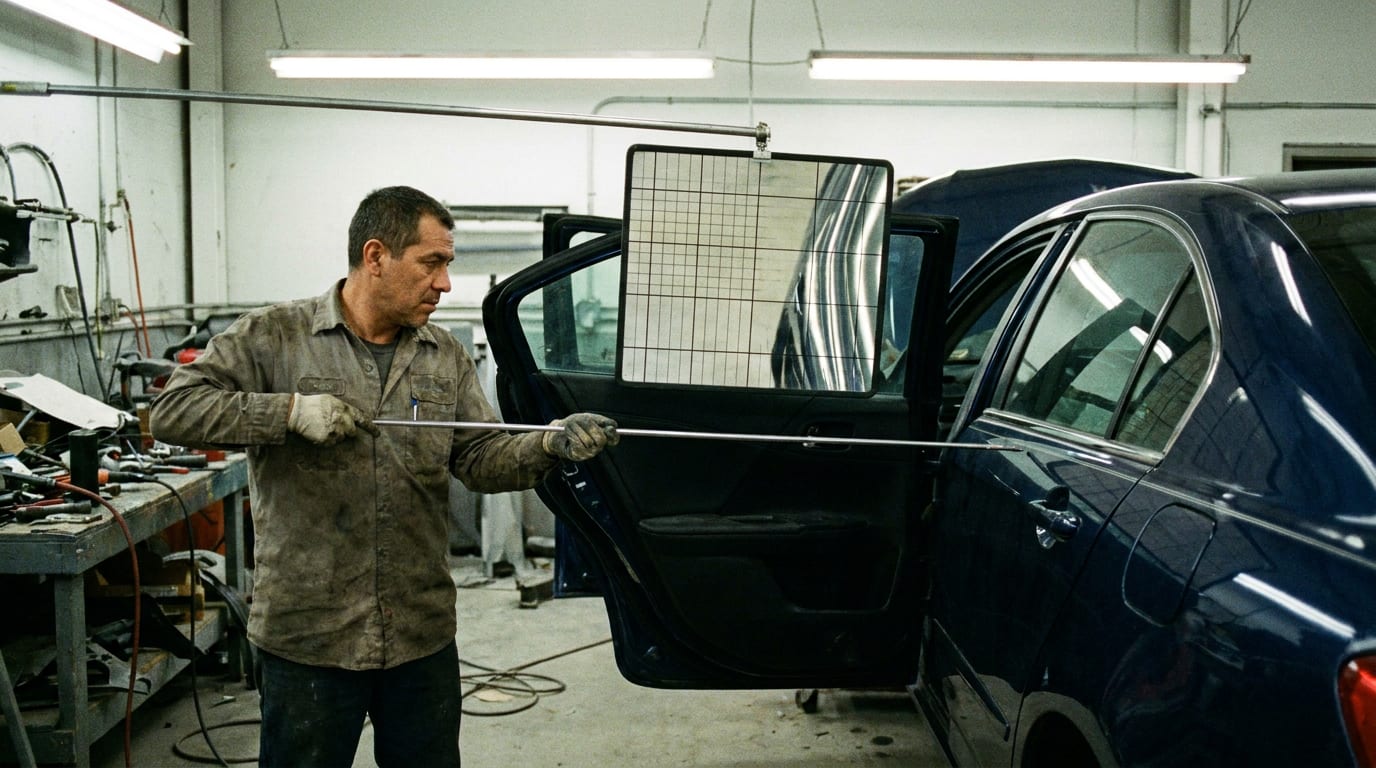 A technician using a paintless dent repair rod behind a car door panel