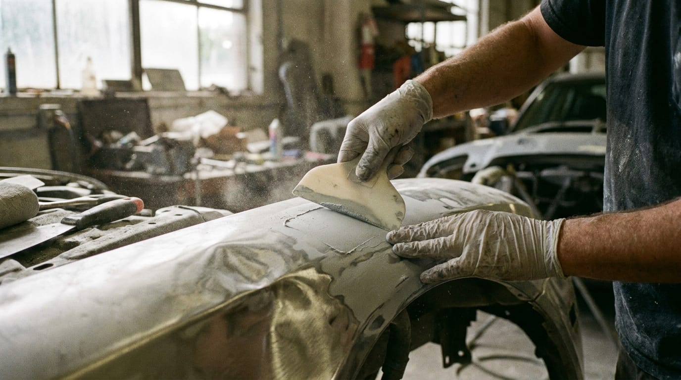 A technician smoothing body filler over a dented car panel during collision repair