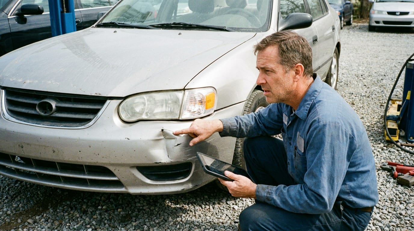 An auto body estimator inspecting and pointing at damage on a car's front bumper while holding a tablet