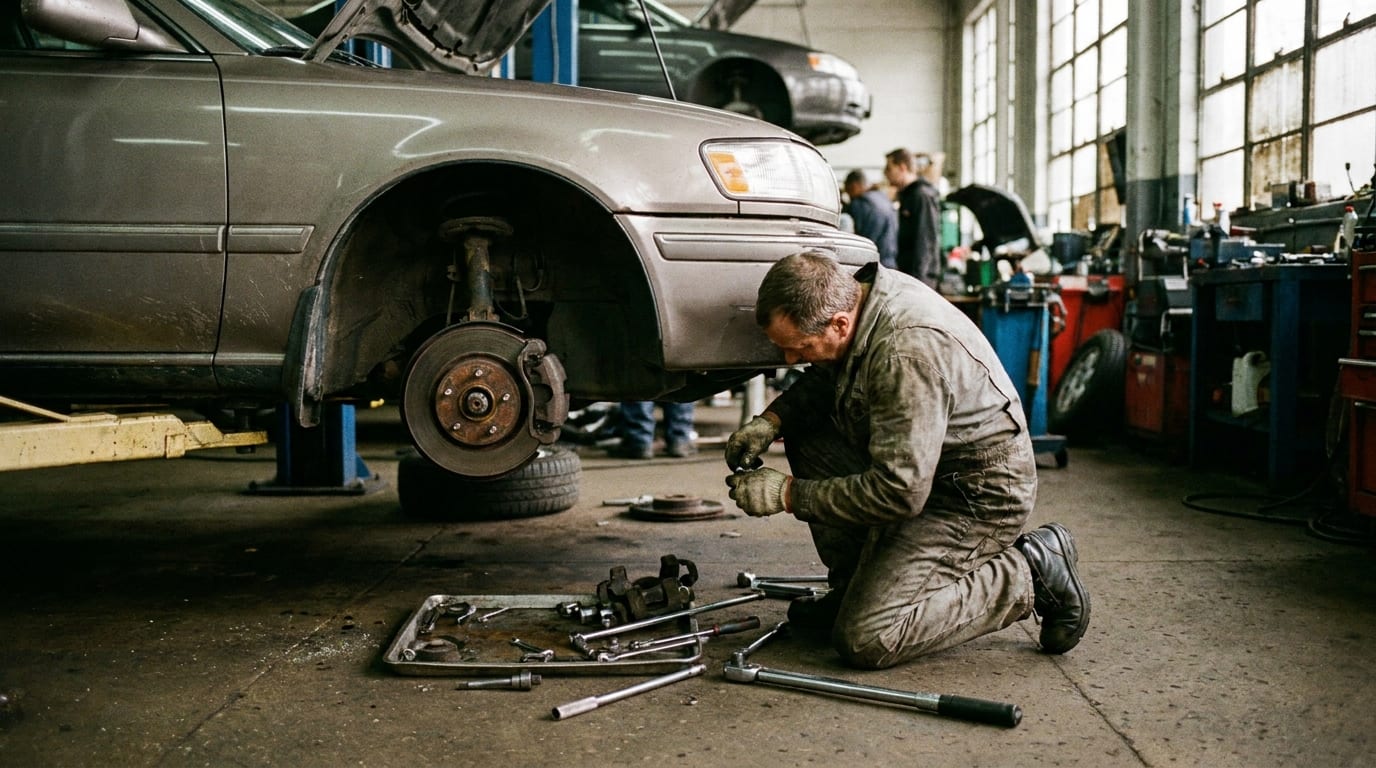 A mechanic servicing the front brake of a car raised on a lift