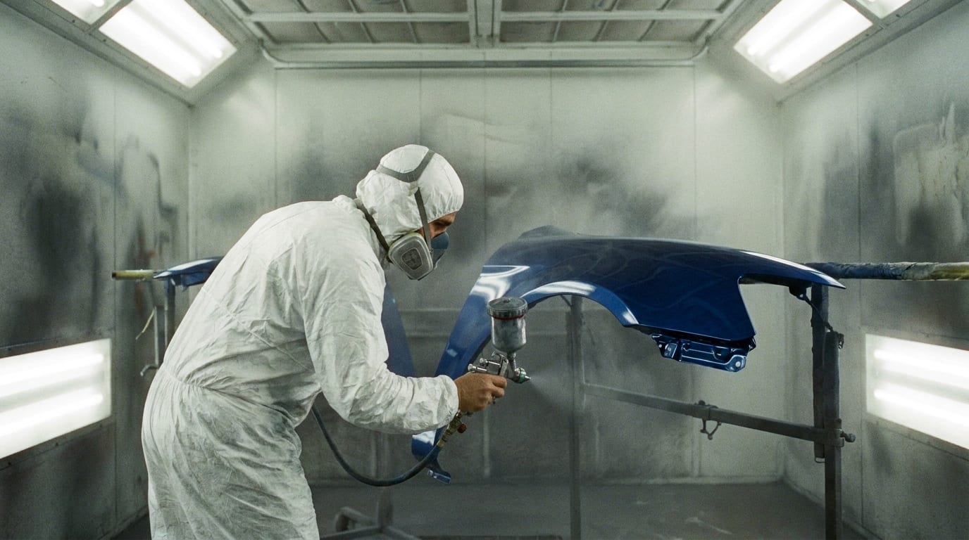 A painter in a protective suit spraying fresh paint onto a car fender in a spray booth