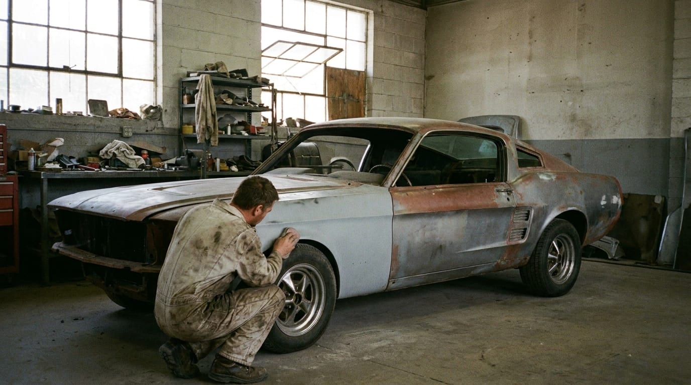A technician sanding the bodywork of a classic muscle car during a restoration